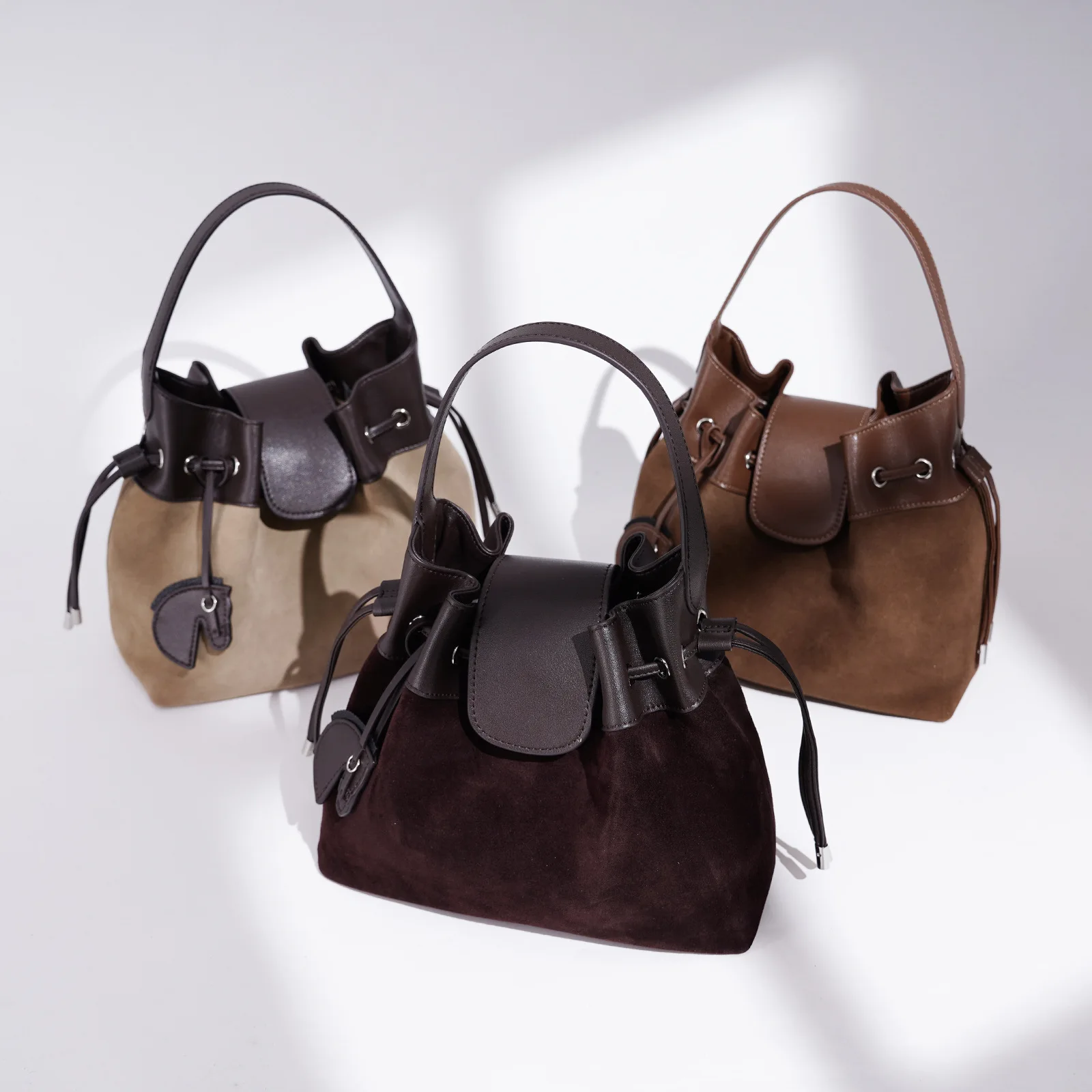 Autumn/Winter Retro Womens Bucket Bag, Simple Shoulder Bag Suede Cowhide Crossbody Bag Fashion Genuine Leather Women Handbag