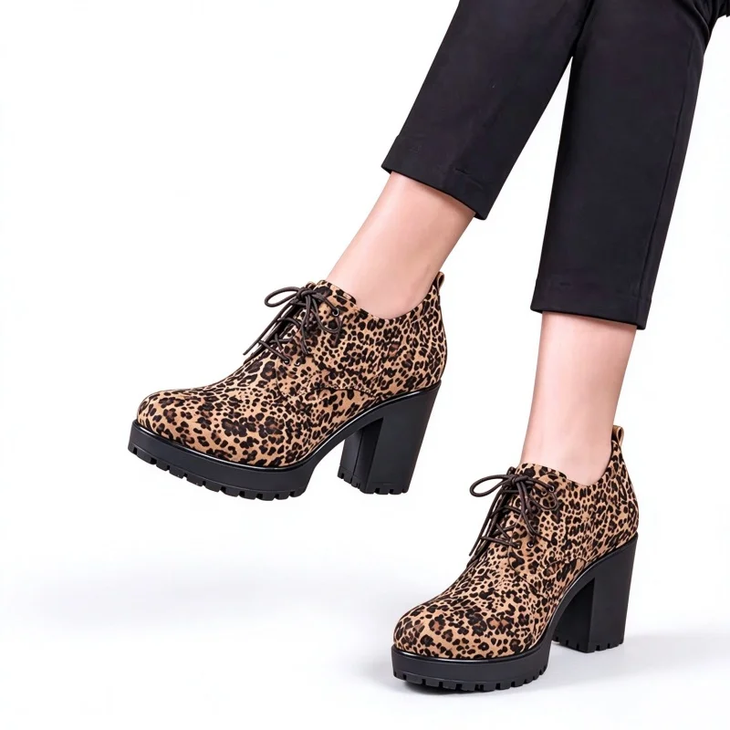 6 8 10cm Size 32-43 Retro Thick Bottom Platform Shoes Soft Leather Pumps Fall Winter 2026 Block High Heel Shoes Leopard Office