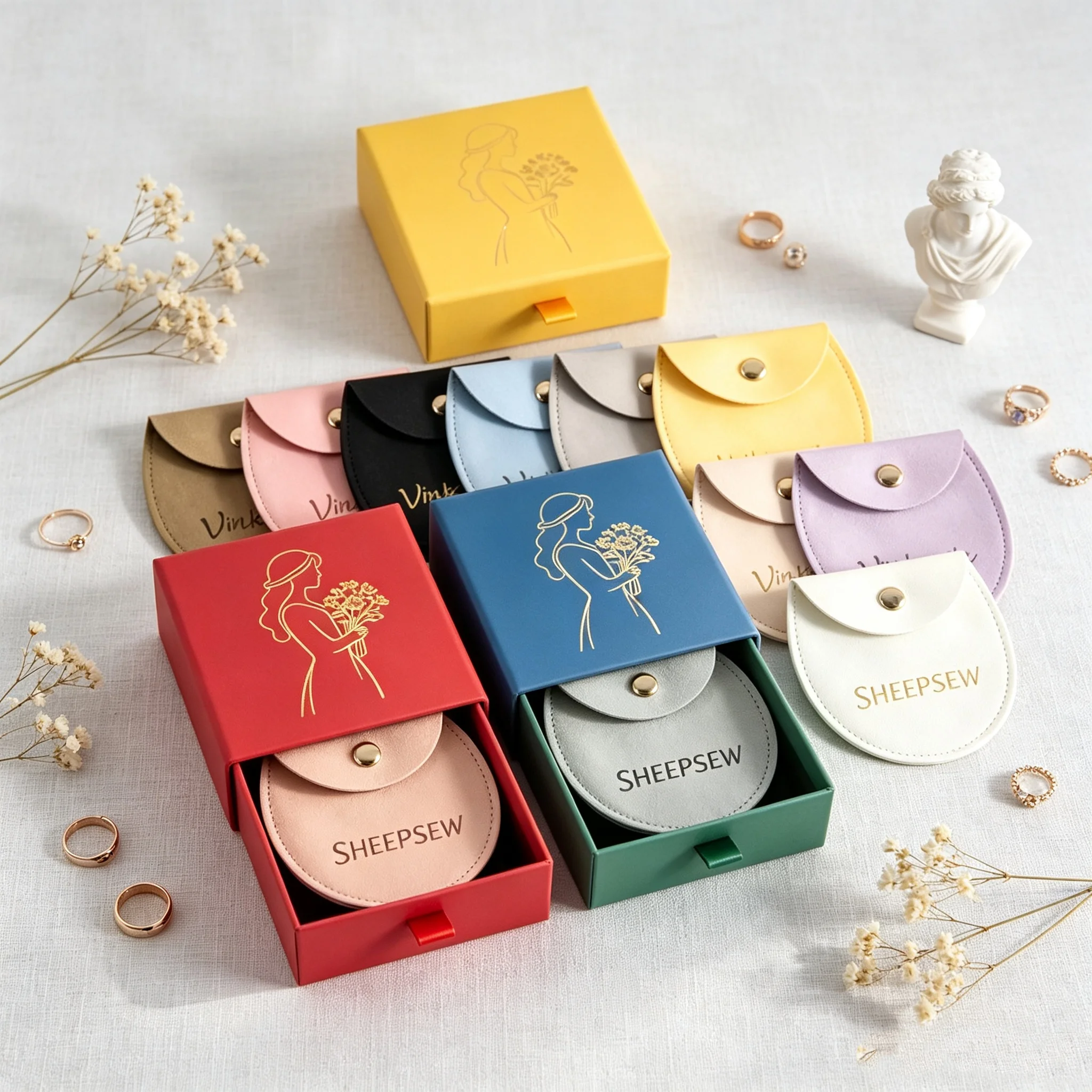 SHEEPSEW 100Pcs/Lot Custom Logo Red Drawer Jewelry Box Cardboard Paper Packaging Boxes With Microfiber Snap Pouches Wedding Gift