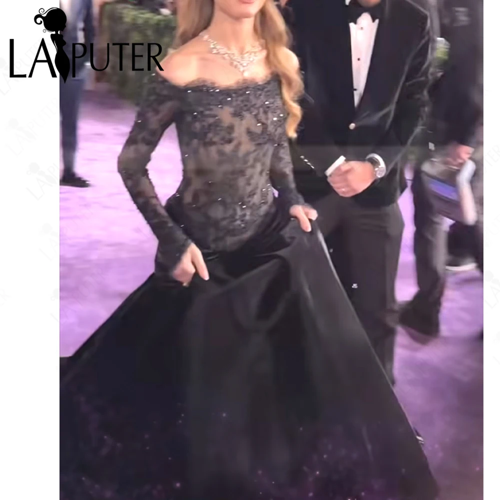Luxury Black Evening Dresses Dropped Waist Women Celebrity Dress Lace Top Long Sleeves Puffy Satin Bottom Woman Formal Dress