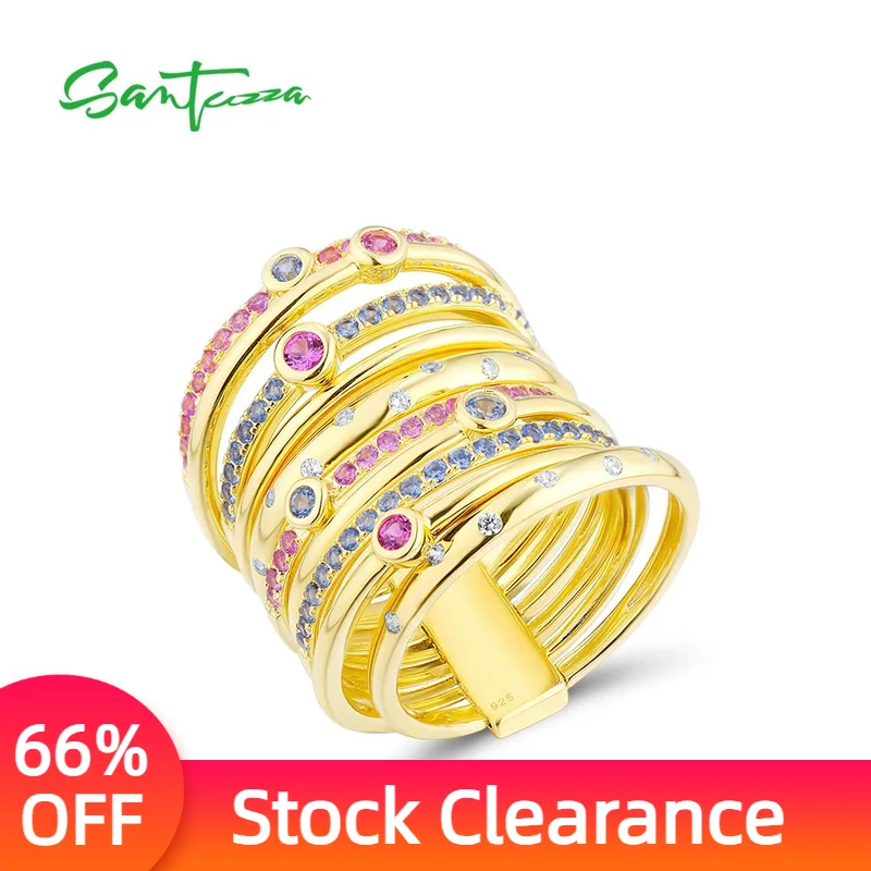 SANTUZZA Pure 925 Sterling Silver Layer Ring For Women Pink Blue Gemstones Yellow Gold Plated Gorgeous Party Gifts Fine Jewelry