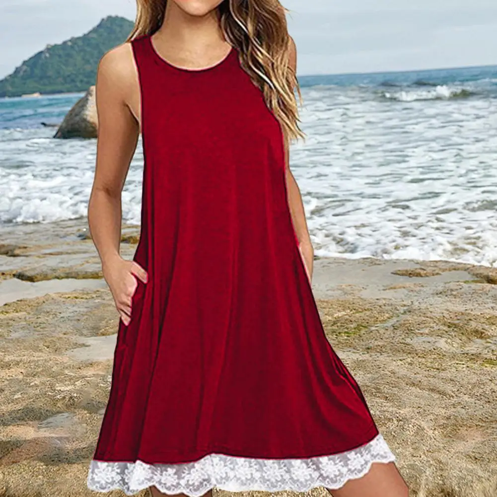 Lady Sundress With Side Pockets Lace Trim Hem A-line Sleeveless Solid Color Mini Dress Summer Short Dress Plus-size T-shirt