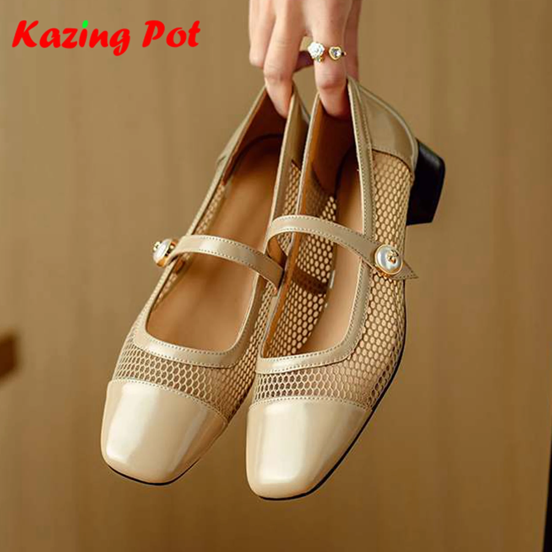 Krazing Pot 2025 Genuine Leather Beauty Square Toe Thick Low Heels Mary Janes Summer Air Mesh Women High Quality Shallow Pumps
