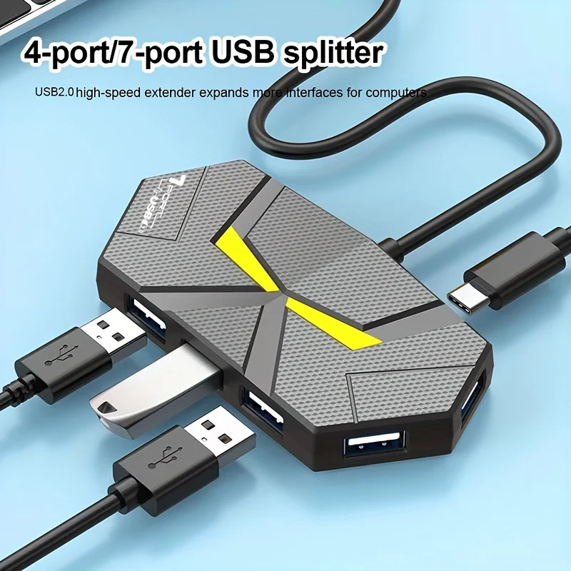1pc 4-Port/7-Port USB Hub with Colorful Atmosphere Light High Speed Data Transfer, Type-C Port for Laptops Keyboards Mice UDisk