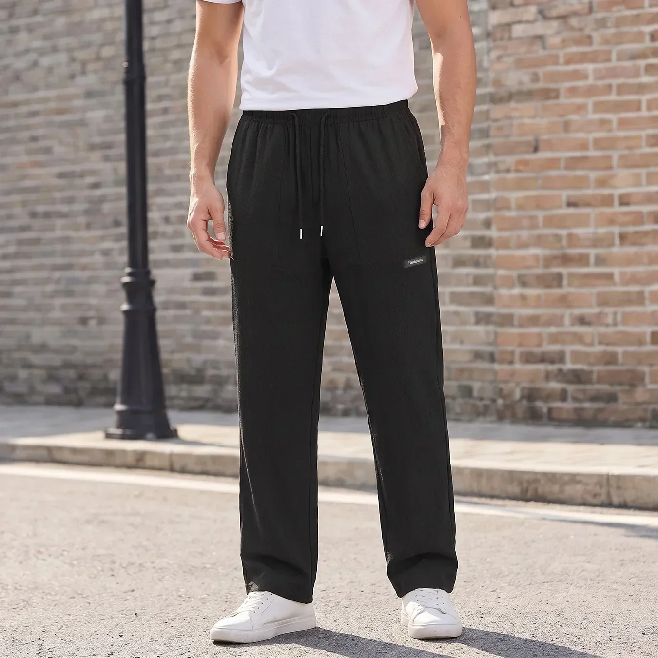 Men Casual Straight Leg Trousers Lightweight Loose Fit Pants Elastic Drawstring Waist With Pockets Daily Streetwear Pants