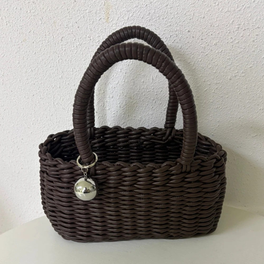 Handmade Knitting Basket Bag Round Ball Pendant Women Handbags Fashion Woven Bags for Women Designer Bag NEW Shopping Tote Chic