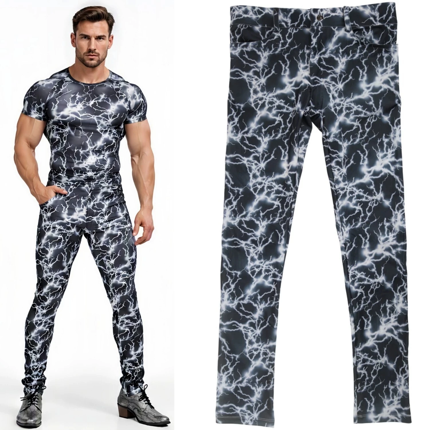 Men Lightning Print Skinny Long Pants Quick Dry Stretch Gym Training Trousers Casual Slim Fit Sport Workout Pants With Pockets
