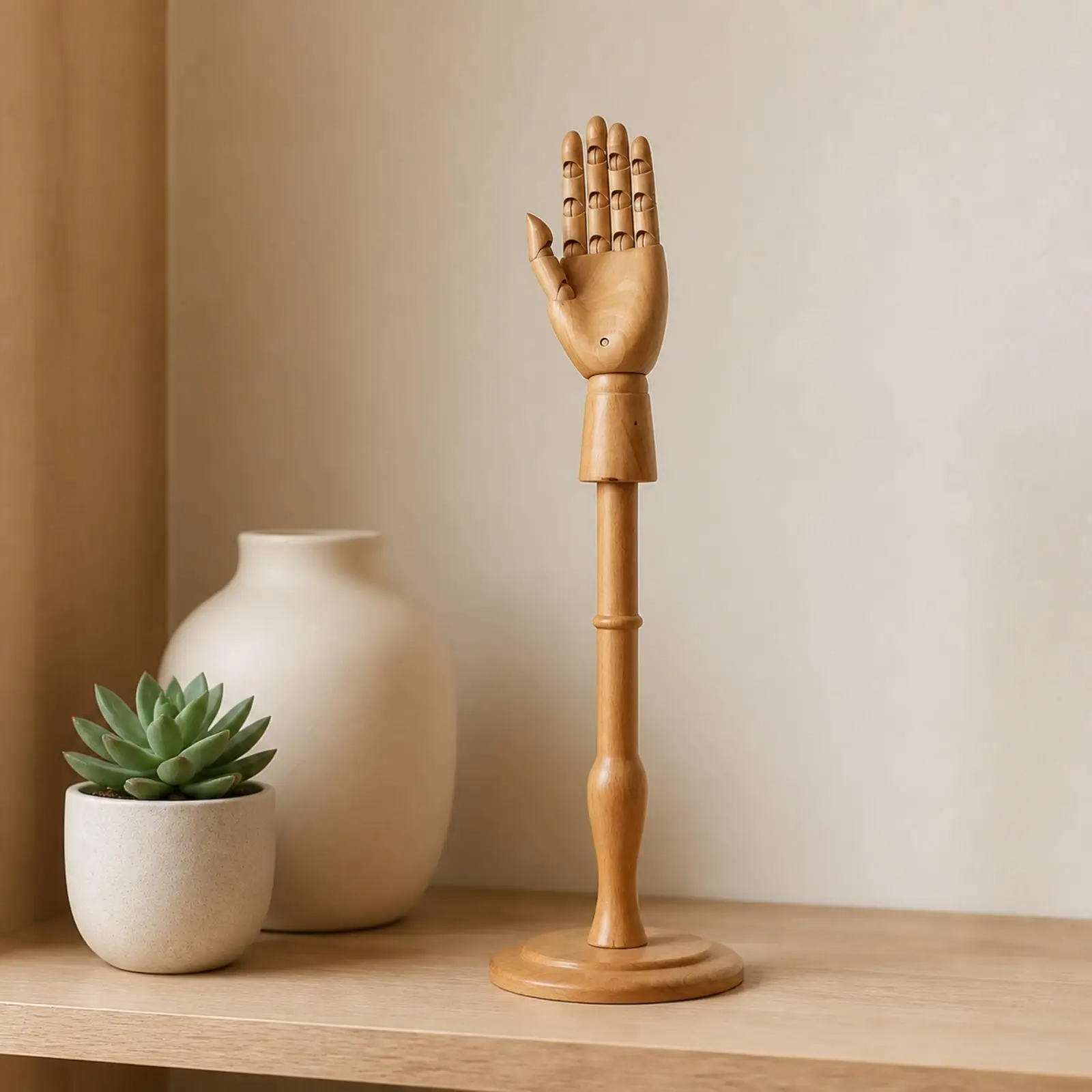 Articulated Solid Wood Hand Mannequin for Jewelry Showcase Versatile Decor Piece with Stable Display Stand