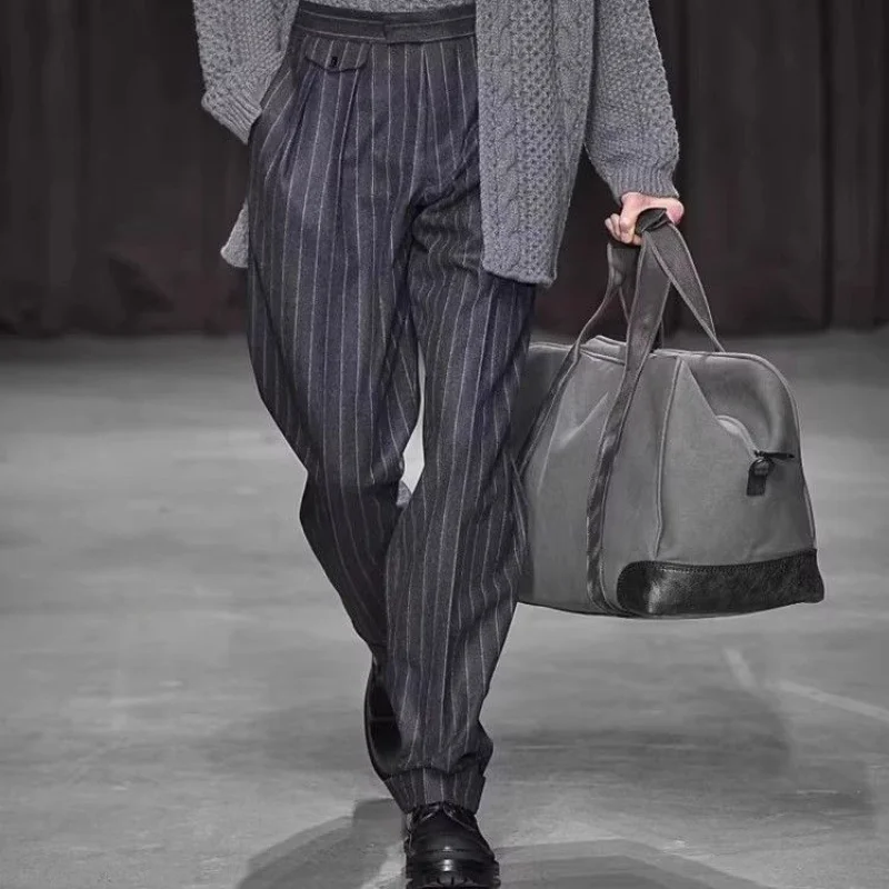 Straight Striped Loose Pants Trousers Fashionable Tweed Business Casual Men Autumn Winter
