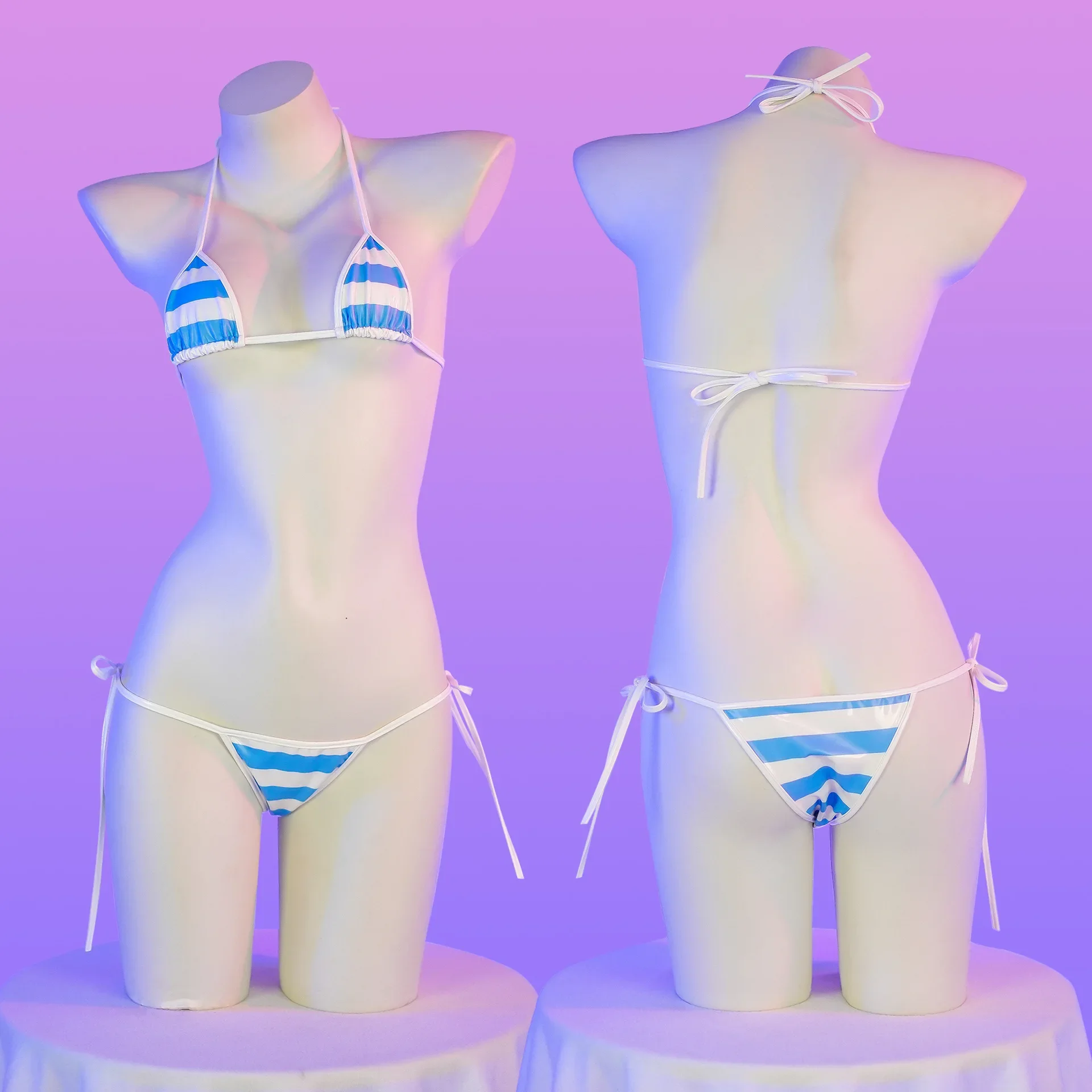 Japanese Kawaii PU Leather Micro Bikini Set Women Swimsuit Stripes Bra Set Summer Swimwear Sexy Lingerie Underwear Costume