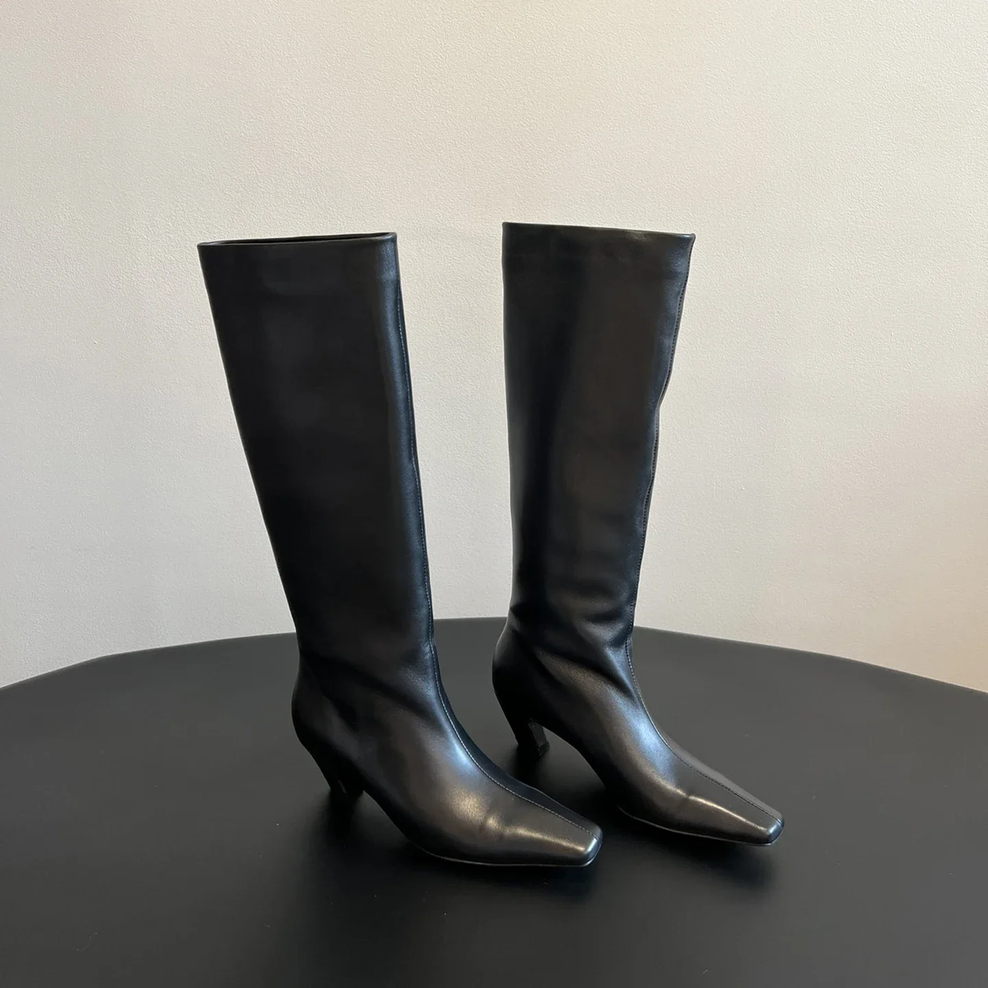 Women's Luxury Autumn Knee Brand High Boots with Pleated Thick Sole, Heel, Leather Short Boots