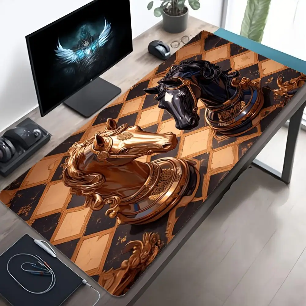 XXL Large Gaming Mouse Pad Luxury Gold Black Chess Knight Chessboard Vintage Art Desk Mat Non-Slip Rubber Keyboard Mouse Mats