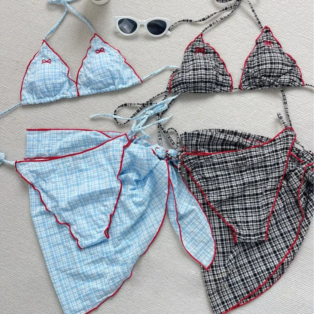 Bowknot Grid Sleeveless Swimsuit Lace Up Pleated Bikini Bathing Suit Deep-V Beachwear Clothing Three Pieces Swimwear Set