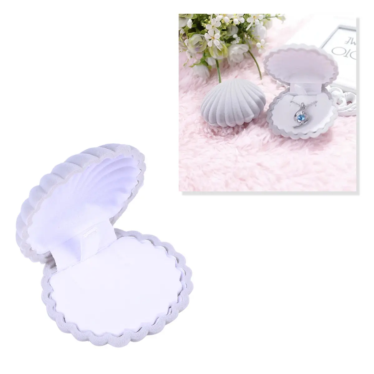 1Piece Jewelry Box Shell Shape Gray Wedding Engagement Ring Earrings Necklace Storage Display Gift Organizer Case