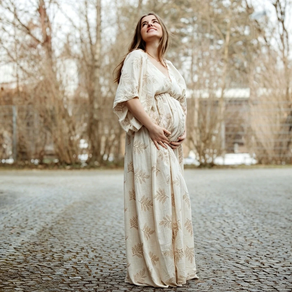 Maternity Photography Props Boho Print Gown V Neck Dress Pregnancy Photo Shoot Outfits Studio Posing Costume Clothes