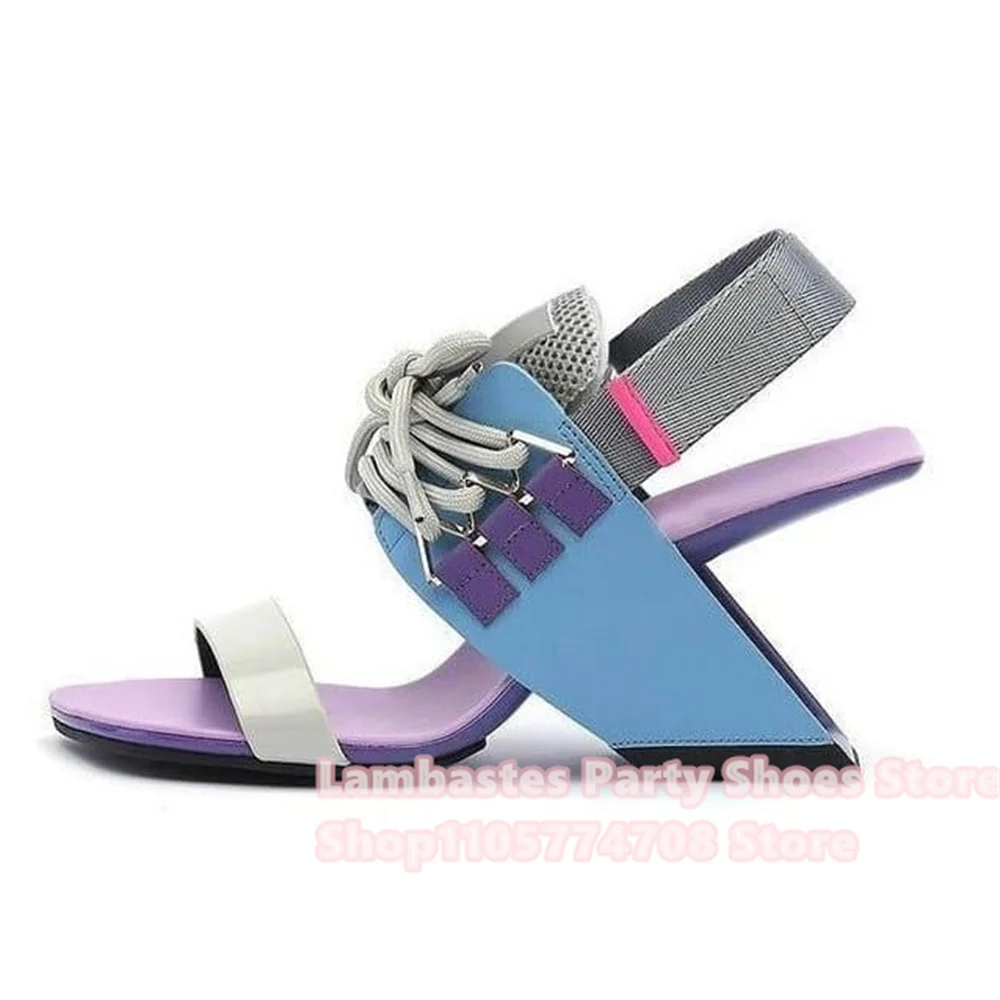 Peep Toe Leather Decorated Lace Up Slingback Strange Heels Sandals Women Sexy Square Toe Summer New Gladiator Patchwork Shoes