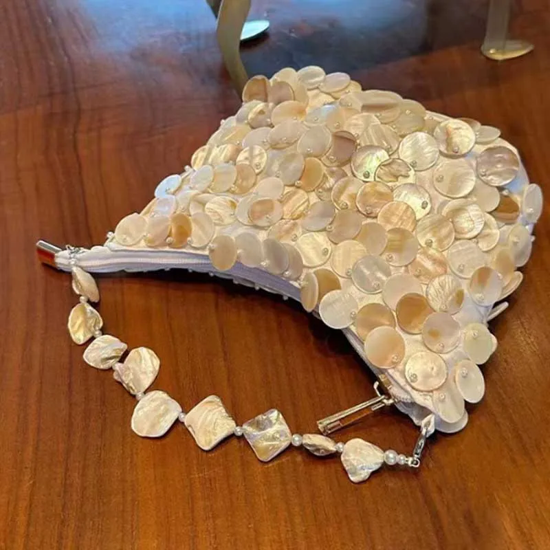 Vintage Fish Scale Glitter Shell Dumpling Bag Handmade String Treasure Handbag Vacation Leisure Versatile Small Square Bag