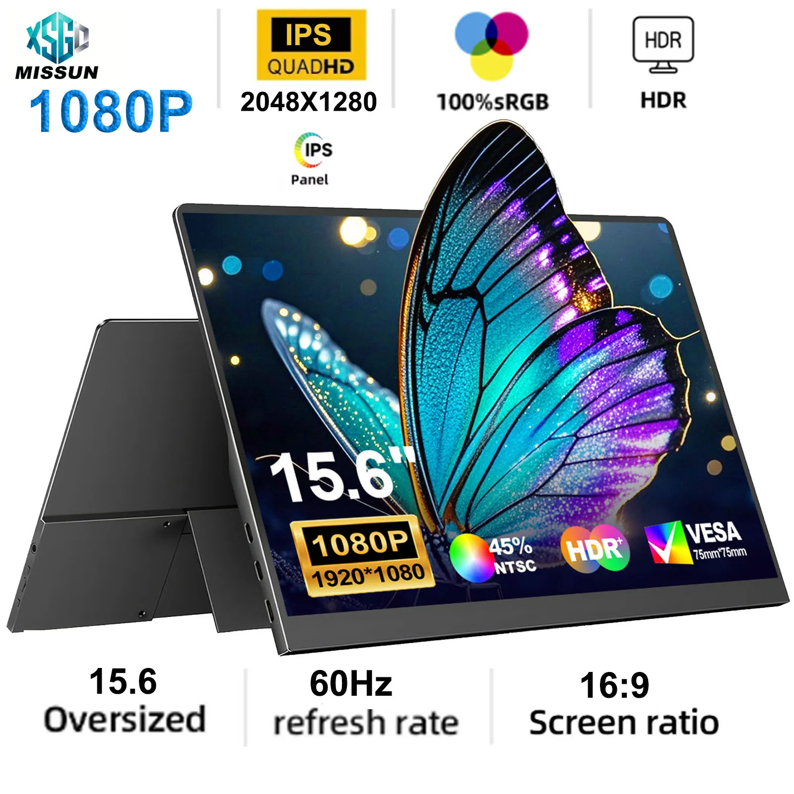 15.6-Inch LCD Portable Monitor Ultrathin 1080P IPS FHD USB Type C Dispaly For Laptop XBox PS4/ 5 Switch Cell Phone Gaming Screen
