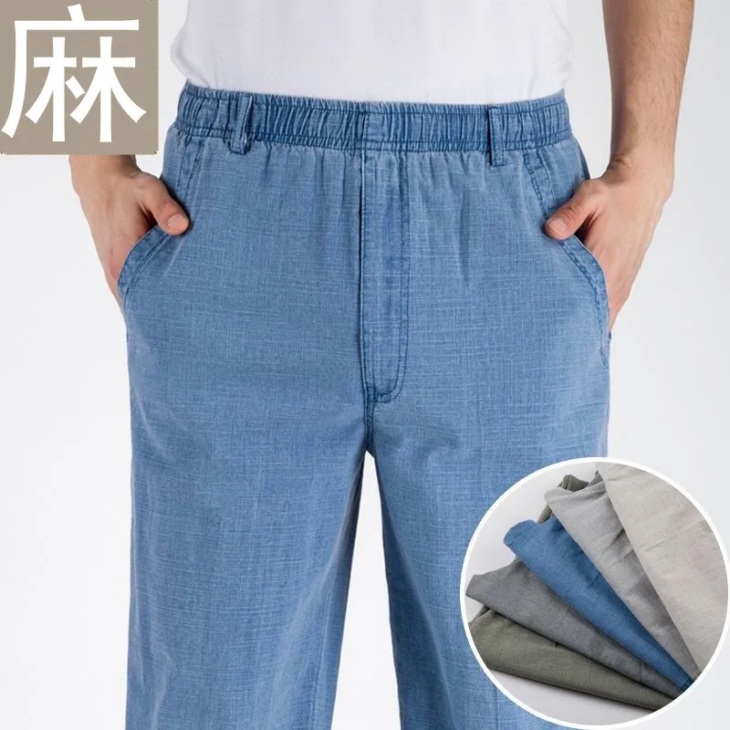 Summer Thin Middle-aged And Elderly Fattened Men's Pants High Waist Elastic Loose Cotton And Linen Trousers