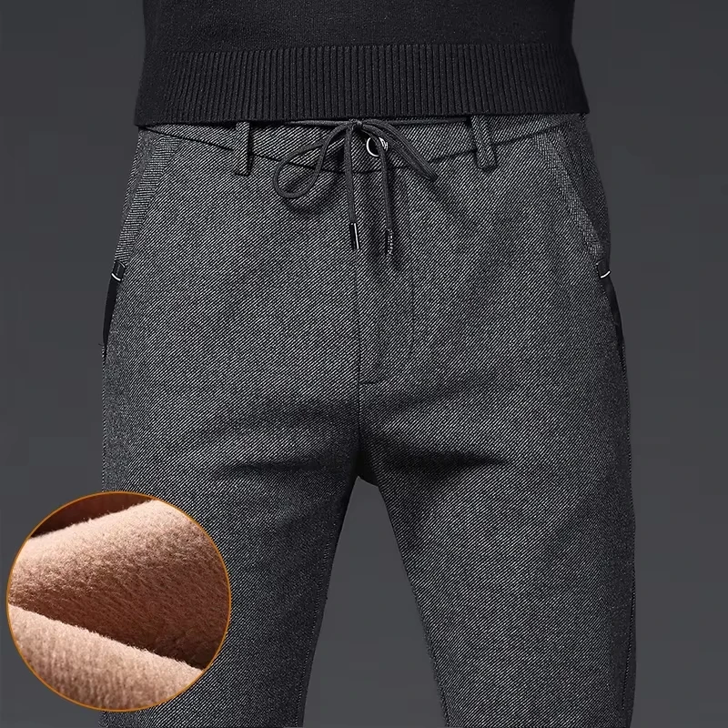 2026 Winter Plush Trousers Men Business Fleece Pants Fashion Warm Drawstring Velvet Thick Casual Stretch Male Clothes 28-29