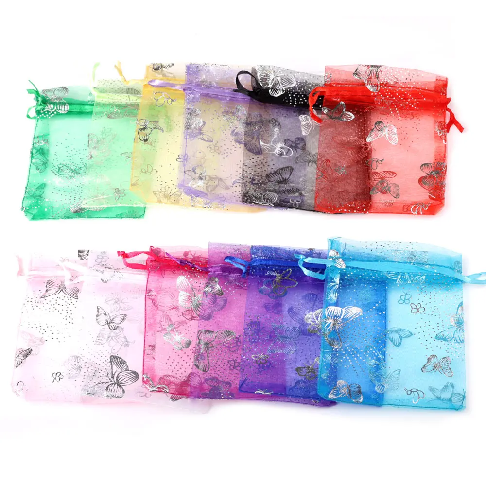50pcs 7x9cm 13x18cm Organza Bags Silver Color Butterfly Printed Jewelry Wedding Party Drawable Packaging Display & Gift Pouches