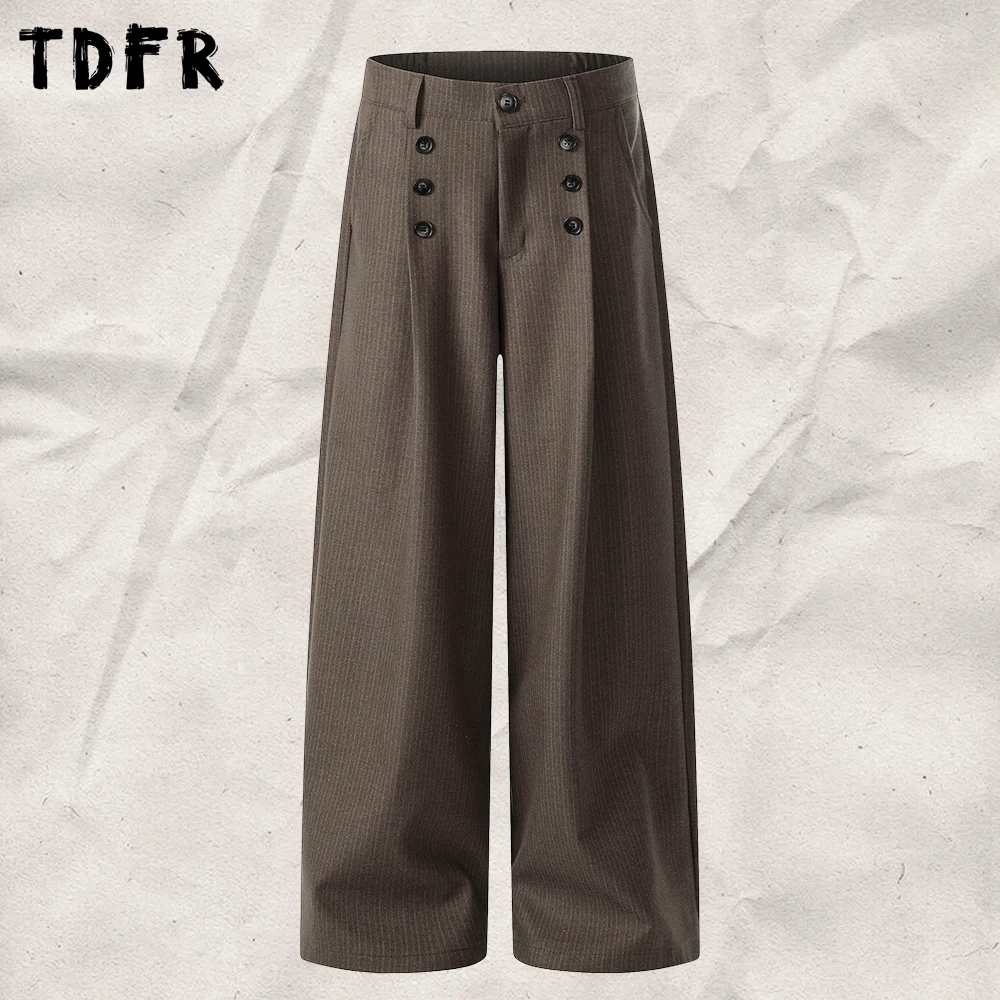 Double Breasted Pleated Trousers Mens Retro Vertical Stripes Casual Loose Straight-leg Elastic Waistband Pants Man