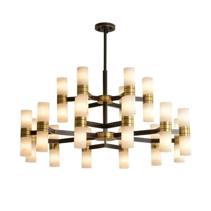 Modern copper marble lampshade LED chandelier, 360-degree luminous angle dimmable, suitable for villa living room, bedroom