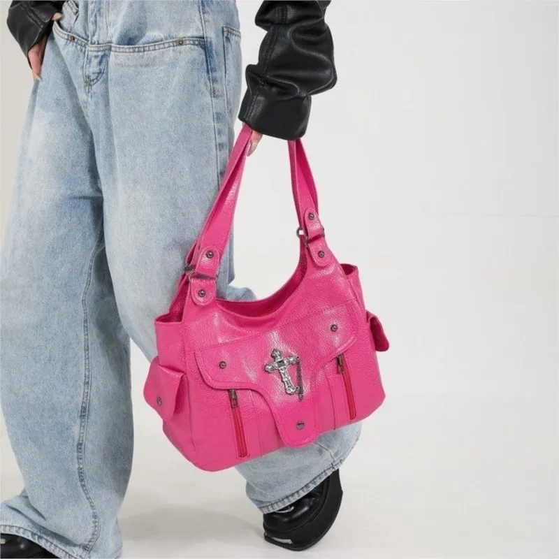 Retro Cross Tote Bag Women Rivet Leather Texture Large Capacity Shoulder Bags Ladies Hot Girl Y2K Solid Color Crossbody Bag 2025