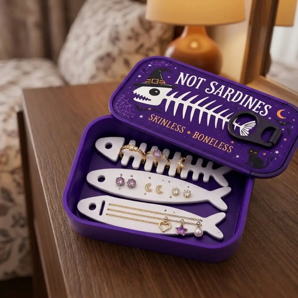 Fish Bone Insert Halloween Sardine Tin Jewelry Box Fish-Shaped Holders Tangled-Proof Pumpkin Ghost Trinket Box Gothic Dark Style