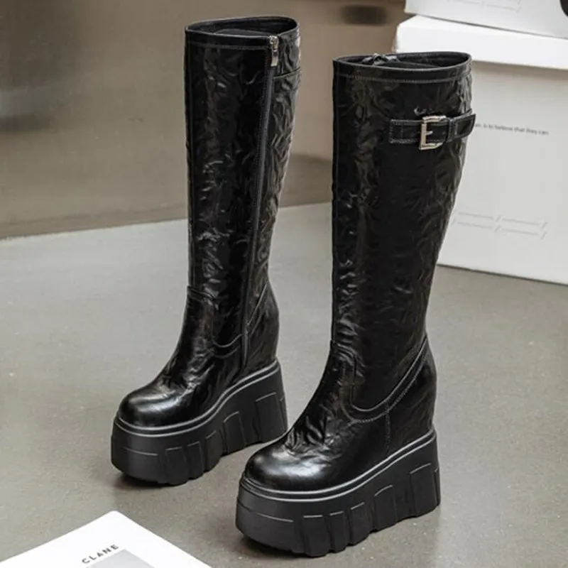 Fashion High Quality 14CM Knee High Boots for Women Leather Women Platform Boots Designer Hidden High Wedge Boots Botas Mujer