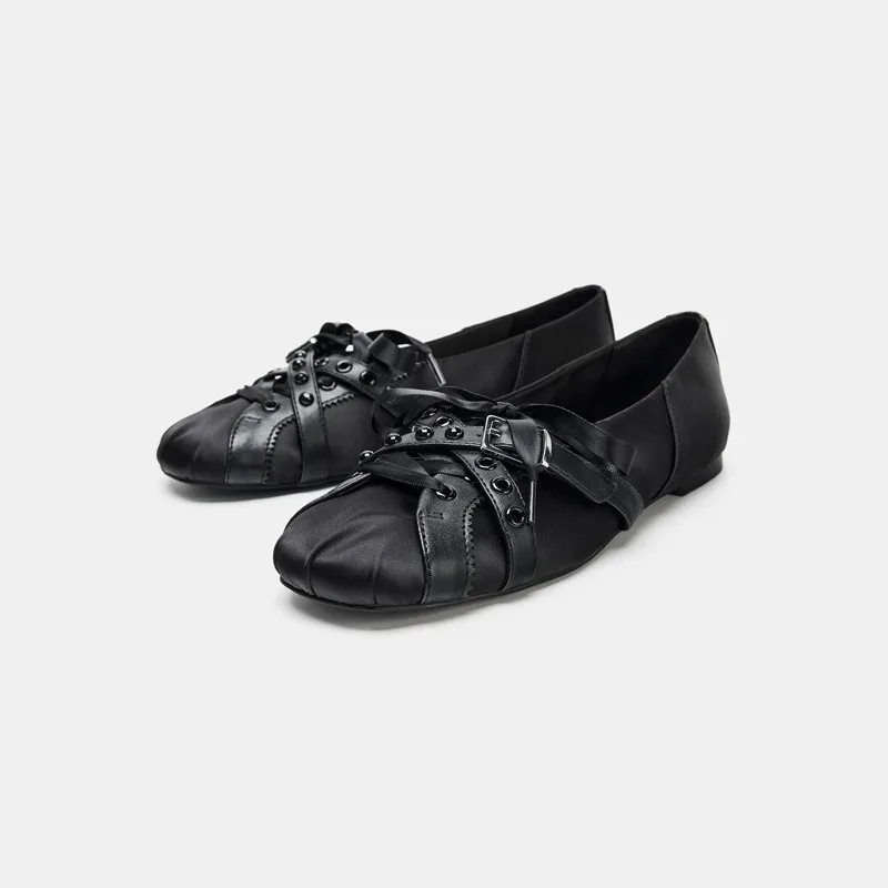 2026 summer Flat Shoes Woman Niche Design Rivet Decoration Personality Single Shoe Real Leather Black Ballet Flats Shoes Women