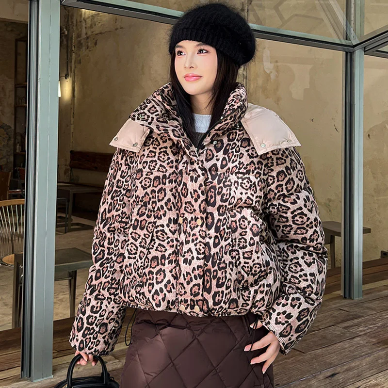 American Retro Short Cotton Jacket Women's Leopard Print Loose Hooded Padded Clothes Fashion Stand Collar Thickened Quilted Coat