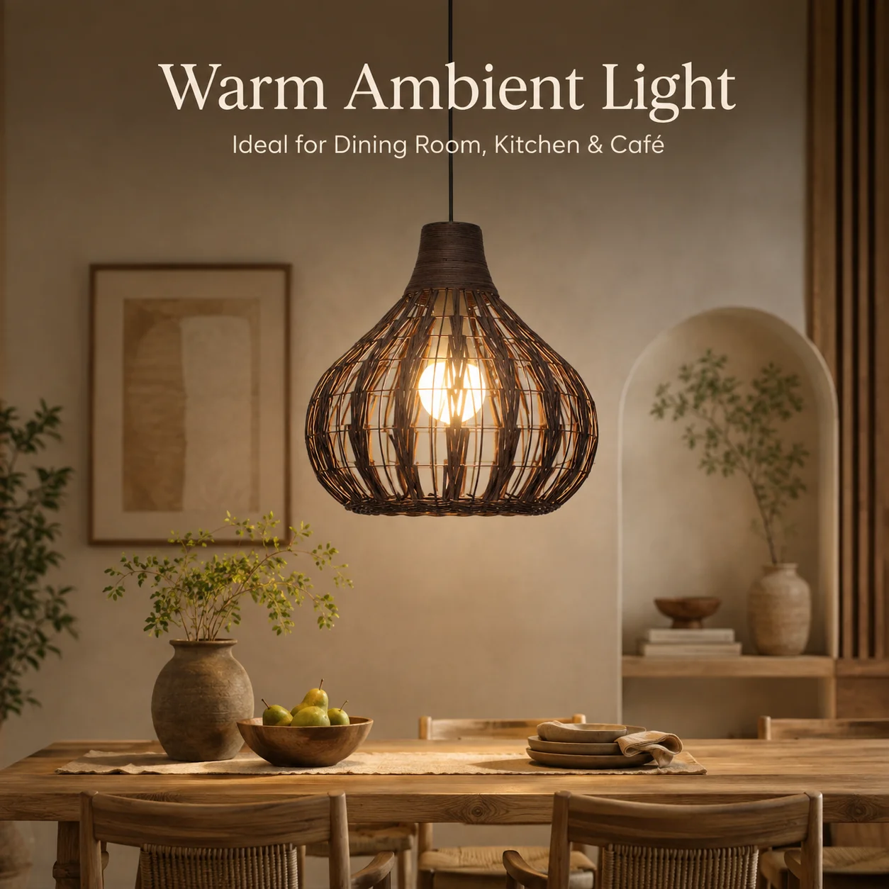 JOYINLED 33cm Coffee Brown Rattan Pendant Light, E26/E27 Woven Hanging Lamp for Dining Room, Kitchen Island, Bulb Not Included