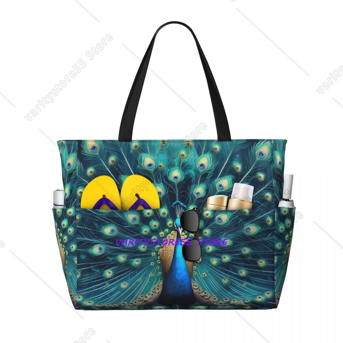 Mesmerising Peacock Feathers Beach Tote Bag Sport Gym Yoga Duffle Large Tote Bag Women Travel Fitness