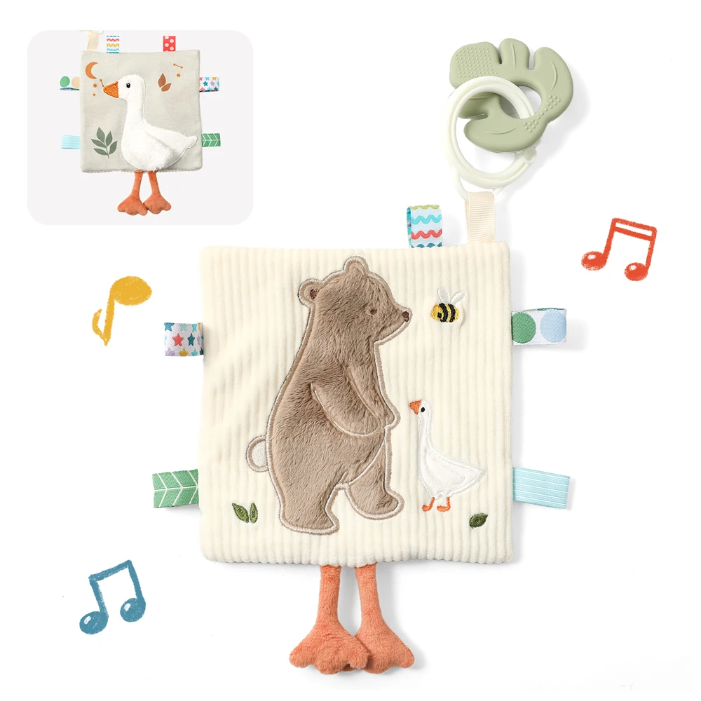 Double Sided Security Blanket with Detachable Silicone Teether Press to Sound Textured Ribbon Sensory Fine Motor Newborn Gift
