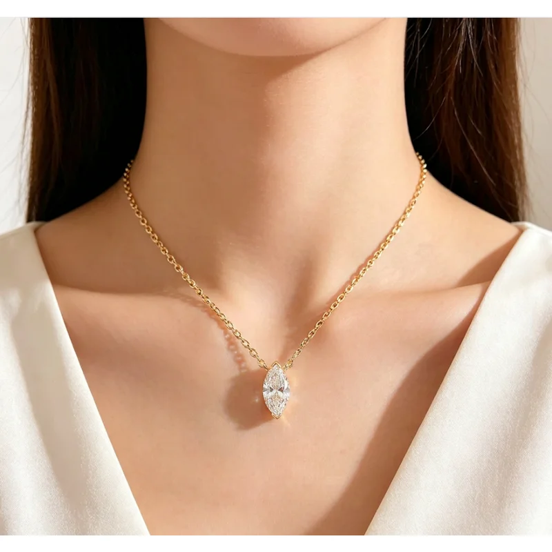 925 Sterling Silver  Marquise Cubic Zircon Pendant Necklace for Women Luxury Gold Color Chain Necklace Wedding Party Jewelry