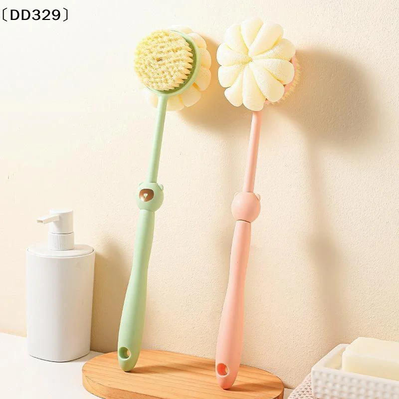 2 In 1 Long Handle Bath Brush With Soft Bristles And Loofah Puff For Home Shower Back Scrubbing Body CleaningDD329