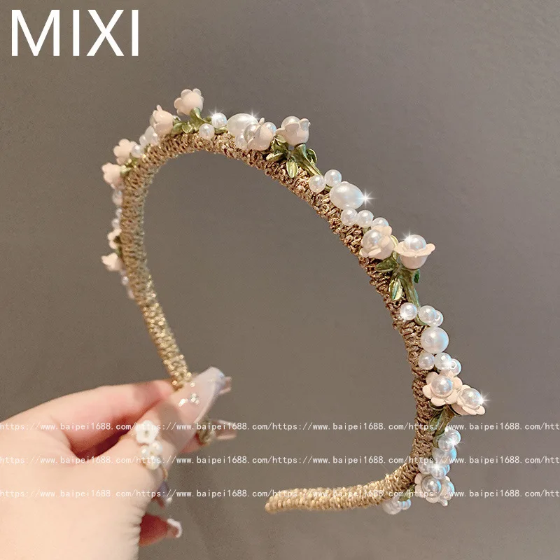 Vintage Floral Pearl Headband Korean Forest Style High Crown Volume Boosting Hair Hoop for Women Face Washing Daily