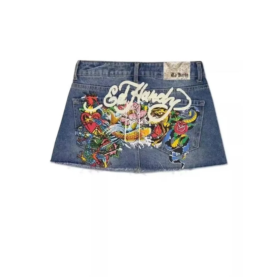 Retro Blue Denim Skirt for Men Gothic Harajuku Style Letter Print Y2K Hip Hop Vintage Cotton Shorts Citywalk Summer Shorts