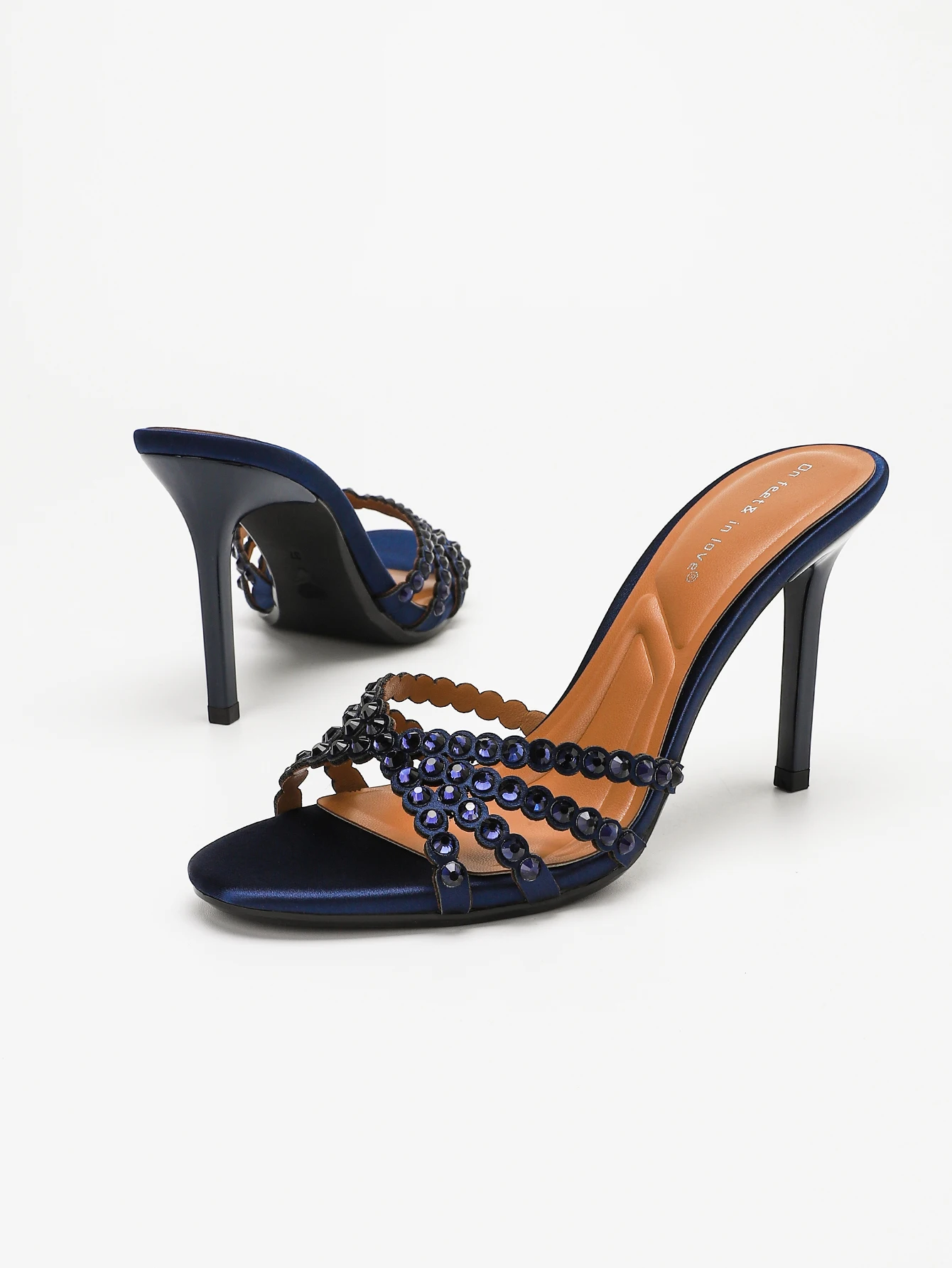 WOMEN'S NAVY BLUE SATIN SLIDE SANDALS CRYSTAL RHINESTONE STRAPS SQUARE TOE STILETTO HIGH HEEL MULES FOR WEDDING PARTY