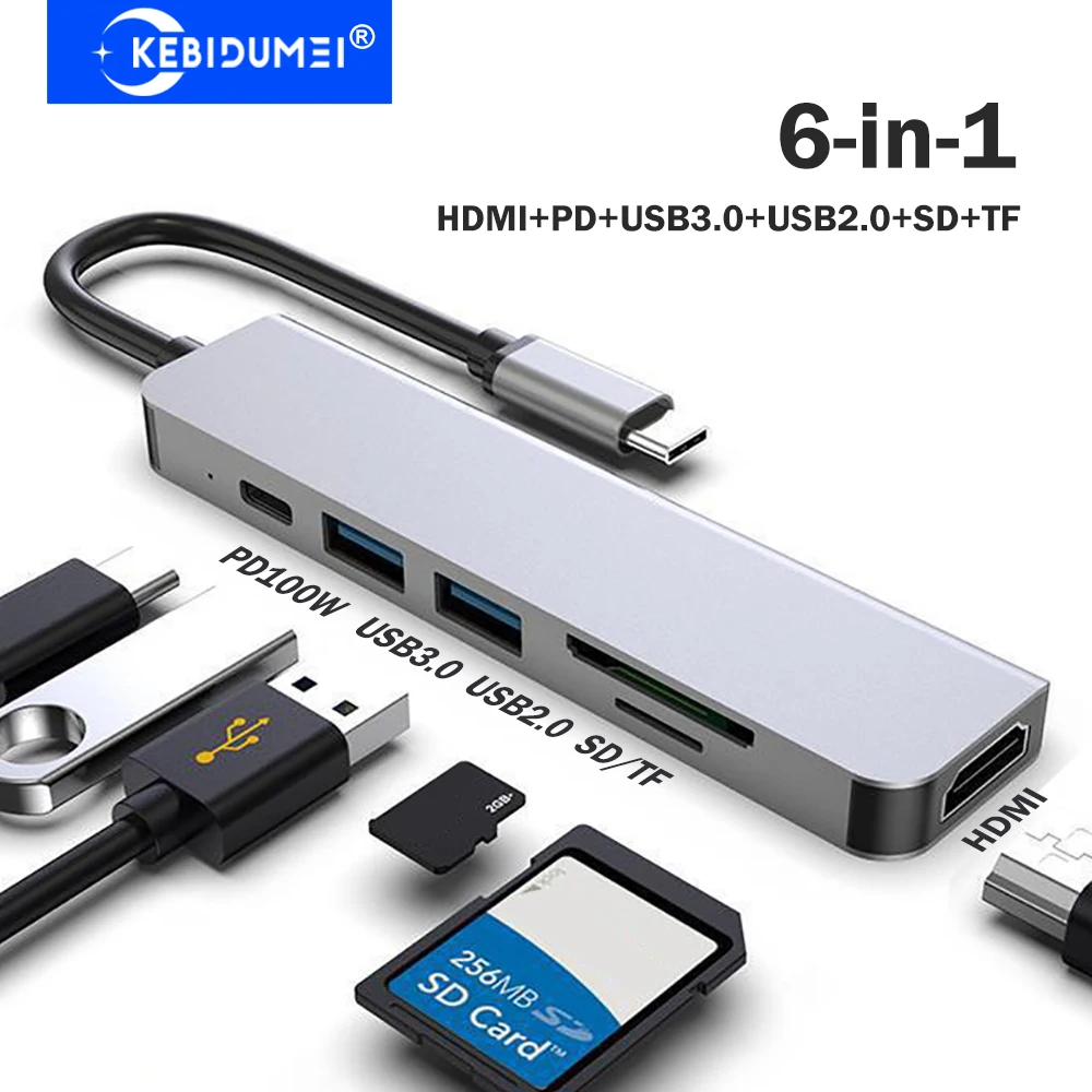 KEBIDUMEI 6-in-1 USB 3.0 Hubs USB C Docking Stations Type C to HDMI USB3.0/2.0 SD TF PD 100W Adapter OTG USB Splitter for Laptop