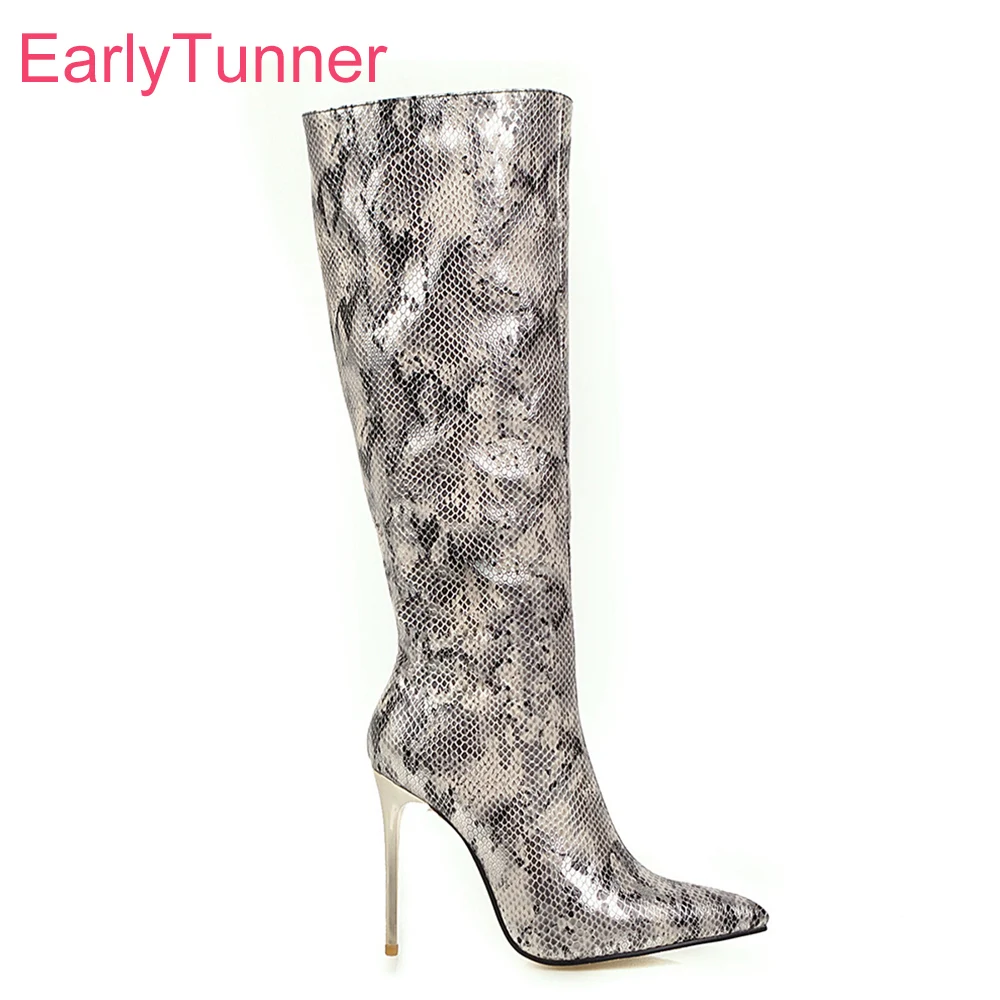 Winter New Fashion Gold Black Women Knee High Boots Pointed Toe High Stiletto Heels Lady Shoes Plus Big Size 12 43 46 48
