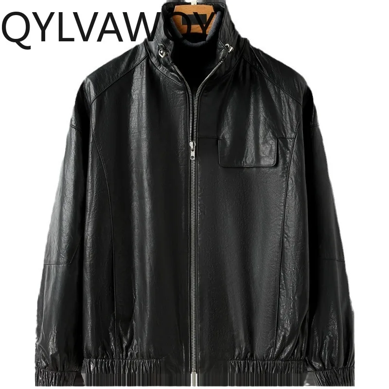 QYLVAWOY Real Cowhide Leather Jacket Mens Winter Jackets Thicken Stylish Motorcycle Jacket Premium Jackets for Man Black 