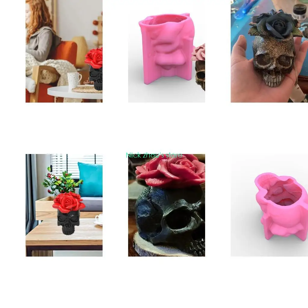 E15E 3D Rose Skull Silicone Mold Epoxy Resin Mold DIY Craft Plaster Pen Holder
