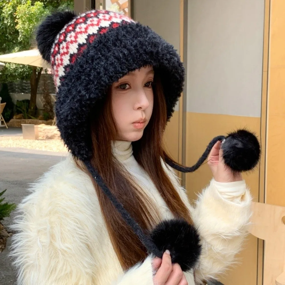 Polyester Knitted Hat 56cm to 58cm Circumference Stretchy Fit Fair Isle Ear Flap Hat Windproof Thick Warm Trapper Hat