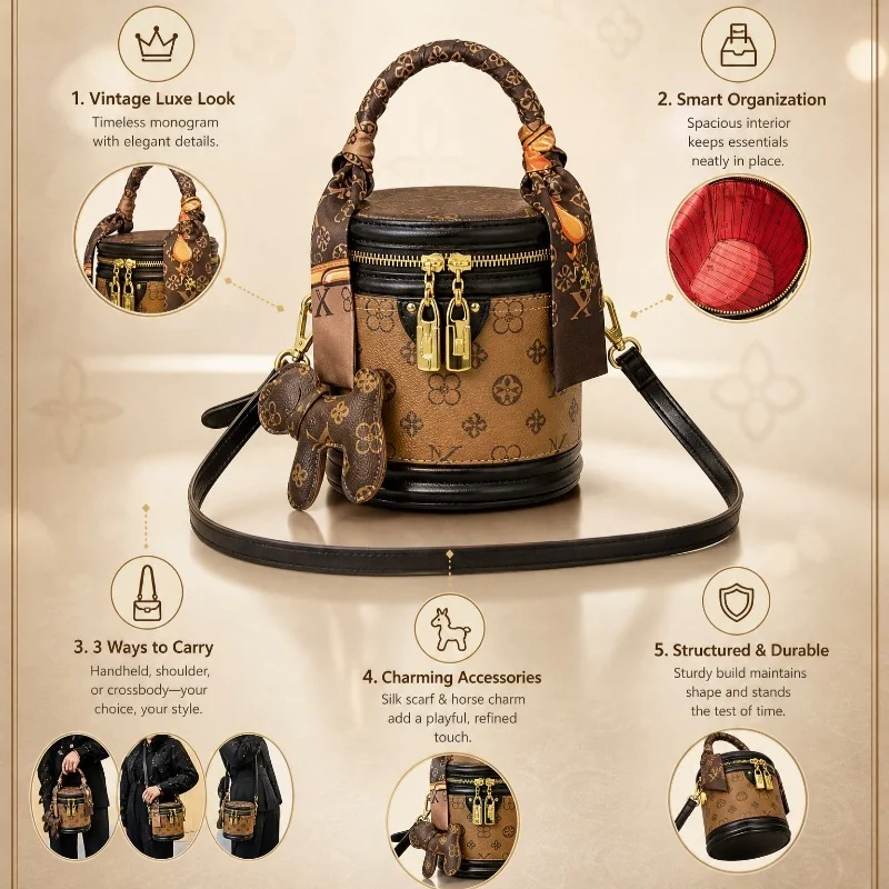 Retro Printed Cylinder Barrel Handbag Women Silk Scarf Ornament Dog Charm Zipper Closure Fashion Shoulder Crossbody Bag