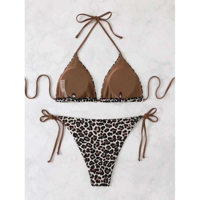 Leopard Print Triangle Bikini Set, Sexy Quick Dry Two Piece Swimwear For Women Summer Beach