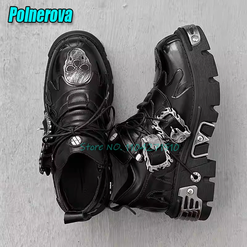 Punk Metal Buckle Casual Shoes for Men Women Retro Black White Flame Carved Thick Soled Leather Shoes Trendy Rock Couple Shoes