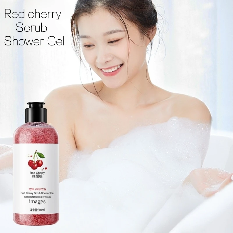 300ml Red Cherry Beauty Scrub Shower Gel, Rich in Cherry Fruit Extract and Other Ingredients, with a Fresh Fruit Aroma, Long-Lasting Fragrance, and Fine Scrub Particles That Effectively Deeply Cleanse the Skin, Leaving It Feeling Fresh and Moisturized, Replenishing Skin Moisture, Making It Soft and Smooth, Deeply Cleansed, with Abundant Foam, Easy to Rinse, and Leaving Skin Feeling Light and Soft Suitable for Oily, Dry and Other Skin Types, Unisex.