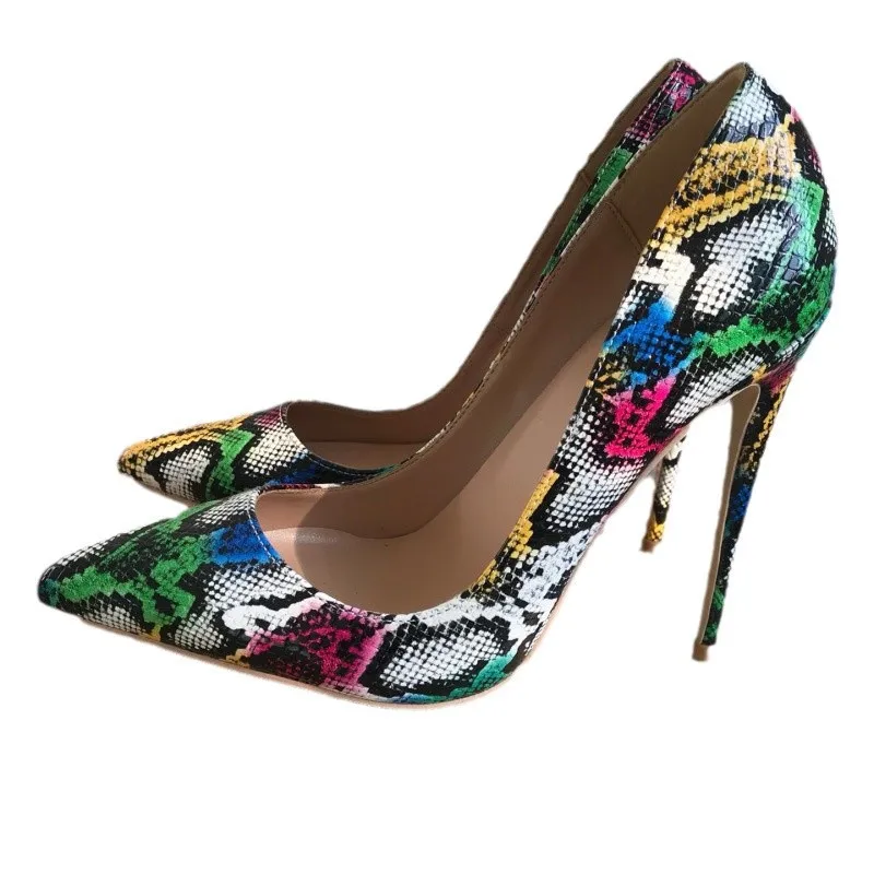Colorful Python Leather High Heels Pumps 8/10/12 Cm Heels Pointed Toe Multi Snakeskin Woman Banquet Shoes
